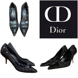 Christian Dior Monogram Heels 36 Black Logo Canvas Leather Pointed Toe Pumps
